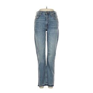ZARA Women's Blue Denim Straight Leg Jeans Raw Hem High Rise 5-Pocket Solid